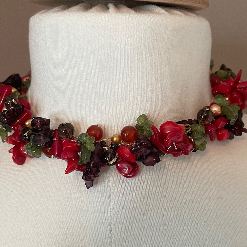 Multicolor Cluster Bead Statement Necklace - Red,… - image 2